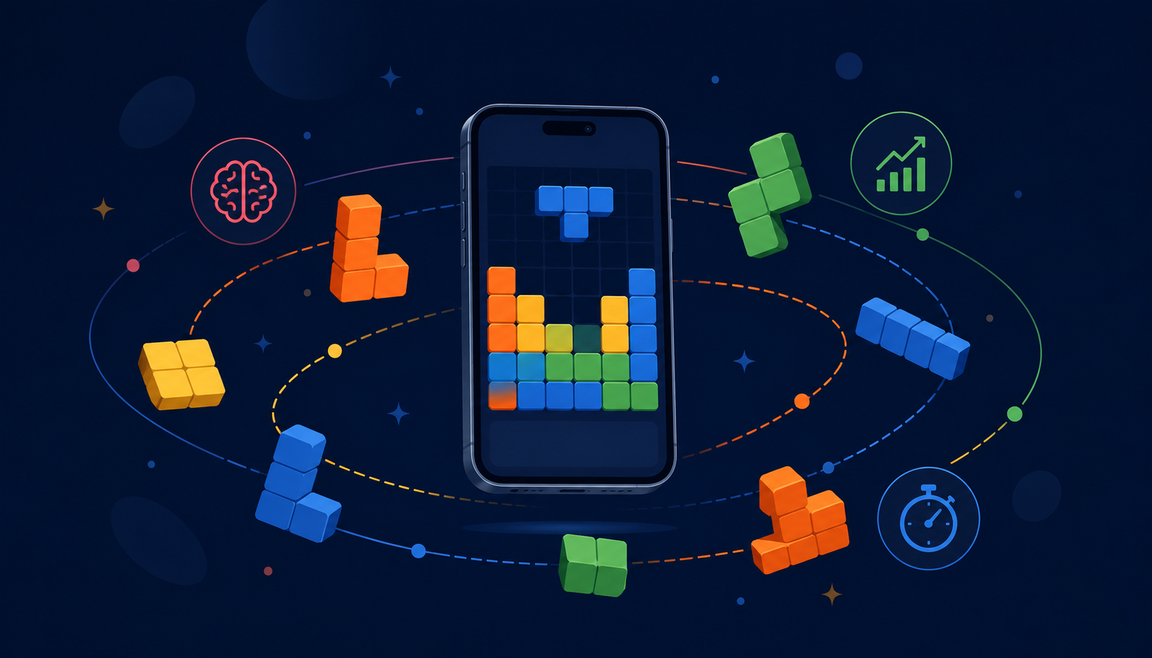 A phone running a block puzzle orbited by icons for brain, growth, timer and block pieces — the forces behind Block Blast's success